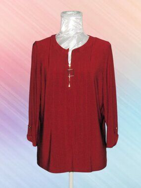 Perception concept size L womens top red pleated 3/4 sleeves